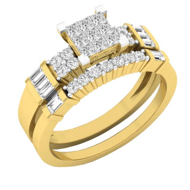 0.60 Carat (ctw) 10K Yellow Gold Round Baguette & Princess Diamond Ladies Engagement Ring Set