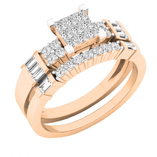 0.60 Carat (ctw) 14K Rose Gold Round Baguette & Princess Diamond Ladies Engagement Ring Set