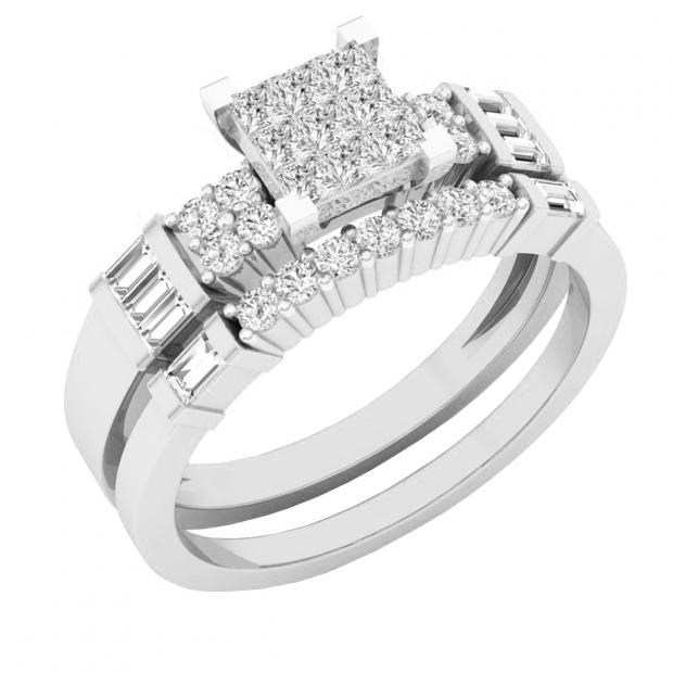 0.60 Carat (ctw) 14K White Gold Round Baguette & Princess Diamond Ladies Engagement Ring Set
