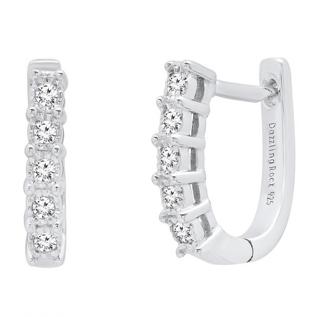 0.10 Carat (ctw) Sterling Silver Round White Diamond Ladies Hoop Earrings 1/10 CT