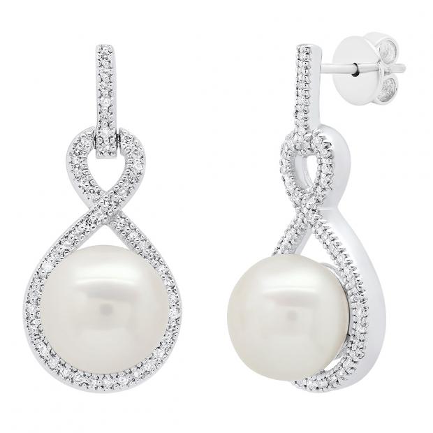 Sterling Silver 8 MM Each Round White Freshwater Pearl & Diamond Ladies Infinity Drop Earrings