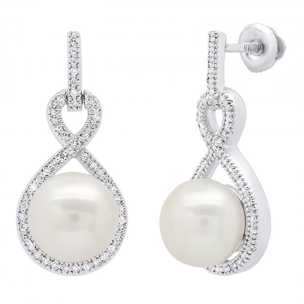 Sterling Silver 8 MM Each Round White Freshwater Pearl & Diamond Ladies Infinity Drop Earrings