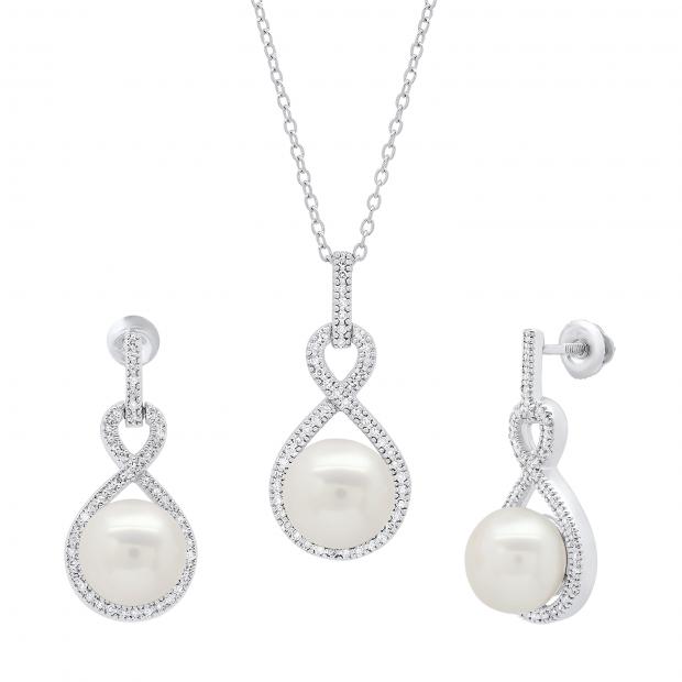 Sterling Silver Round White Freshwater Pearl & Diamond Ladies Infinity Drop Earrings & Pendant Set