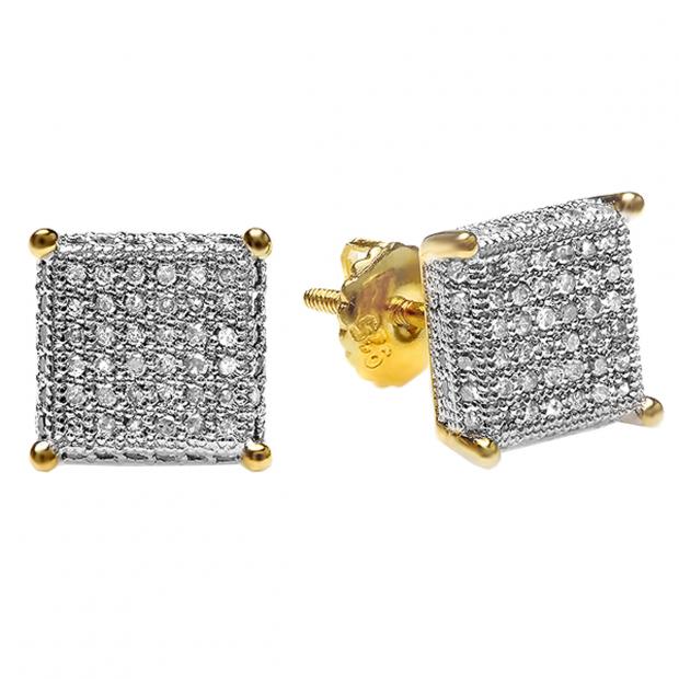 0.55 Carat (ctw) 18K Yellow Gold Plated Silver Round Diamond Dice Shape Mens Stud Earrings 1/2 CT