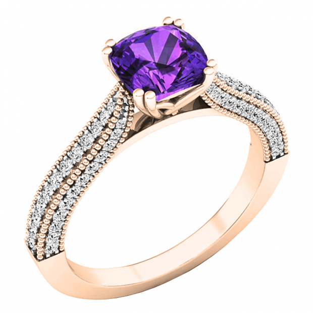 10K Rose Gold 6 MM Cushion Amethyst & Round White Diamond Ladies Bridal Engagement Ring