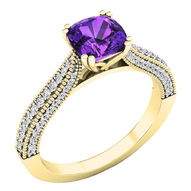 18K Yellow Gold 6 MM Cushion Amethyst & Round White Diamond Ladies Bridal Engagement Ring