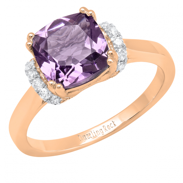 10K Rose Gold 8 MM Cushion Amethyst & Round White Diamond Ladies Bridal Engagement Ring