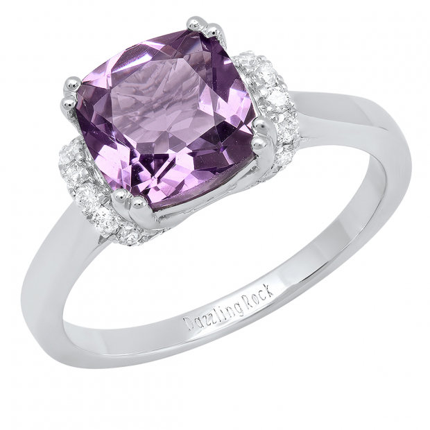 10K White Gold 8 MM Cushion Amethyst & Round White Diamond Ladies Bridal Engagement Ring