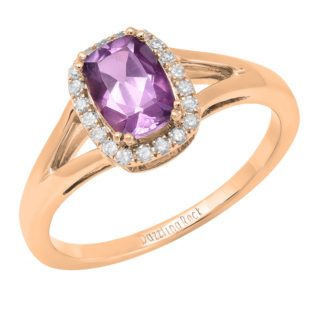 18K Rose Gold 7X5 MM Cushion Amethyst & Round Diamond Ladies Engagement Ring