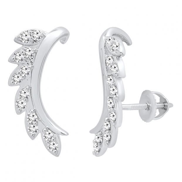 0.35 Carat (ctw) 14K White Gold Round White Diamond Ladies Leaf Shaped Climber Earrings 1/3 CT