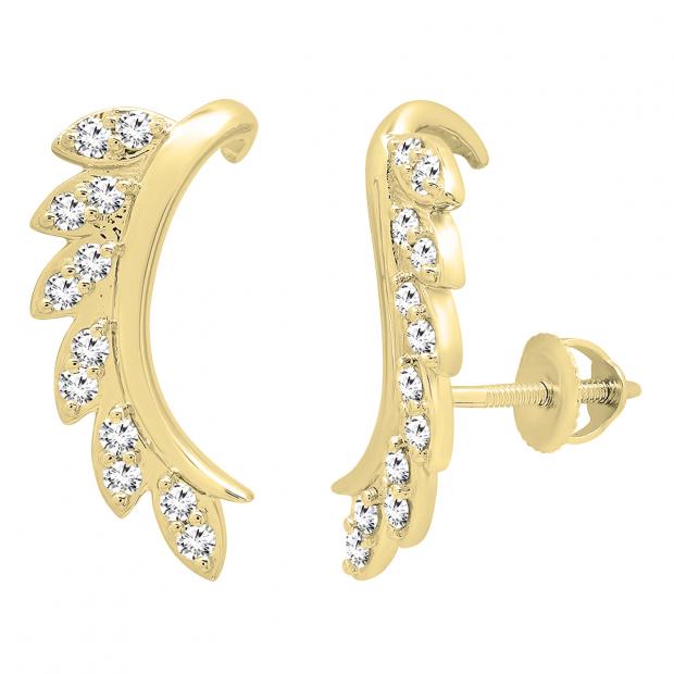0.35 Carat (ctw) 14K Yellow Gold Round White Diamond Ladies Leaf Shaped Climber Earrings 1/3 CT