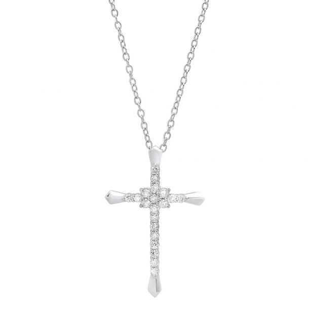 0.35 Carat (ctw) 14K White Gold Round Diamond Ladies Cross Pendant 1/3 CT (Silver Chain Included)