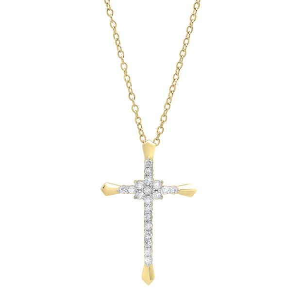 0.35 Carat (ctw) 18K Yellow Gold Round Diamond Ladies Cross Pendant 1/3 CT (Gold Chain Included)