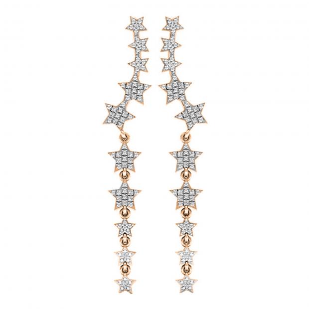 0.10 Carat (ctw) 14K Rose Gold Round White Diamond Ladies Stars Dangling Drop Earrings 1/10 CT