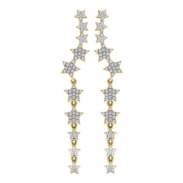 0.10 Carat (ctw) 14K Yellow Gold Round White Diamond Ladies Stars Dangling Drop Earrings 1/10 CT