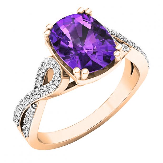 10K Rose Gold 9X7 MM Oval Amethyst & Round White Diamond Ladies Swirl Split Shank Engagement Ring