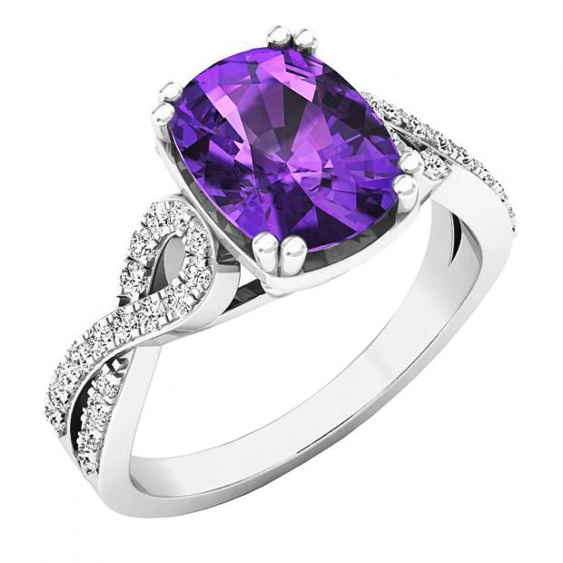 18K White Gold 9X7 MM Oval Amethyst & Round White Diamond Ladies Swirl Split Shank Engagement Ring