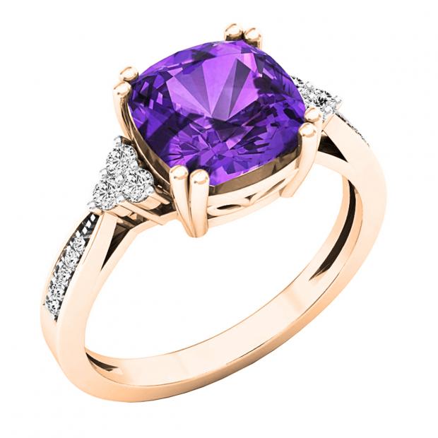 18K Rose Gold 8 MM Cushion Amethyst and Round White Diamond Ladies Engagement Ring