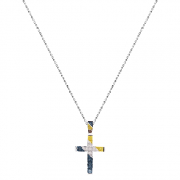 1.10 Carat (ctw) Sterling Silver Blue White and Yellow Diamond Mens Hip Hop Cross Pendant