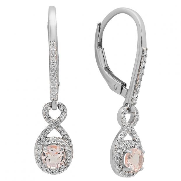 10K White Gold 4 MM Round Morganite & White Diamond Ladies Infinity Dangling Drop Earrings