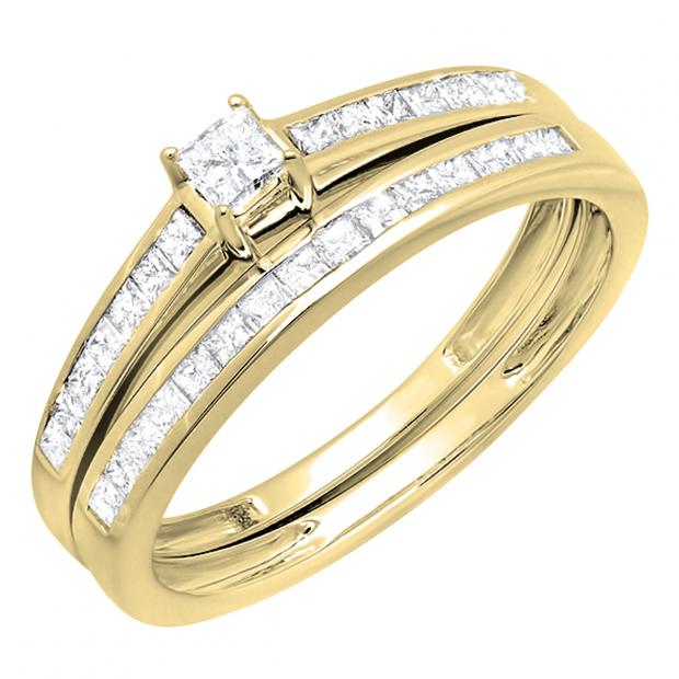 0.75 Carat (ctw) 10K Yellow Gold Princess Diamond Ladies Bridal Engagement Ring Set 3/4 CT