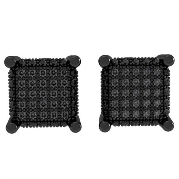 1.00 Carat (ctw) Black Rhodium Plated Sterling Silver Round Black Diamond Mens Hip Hop Stud Earrings