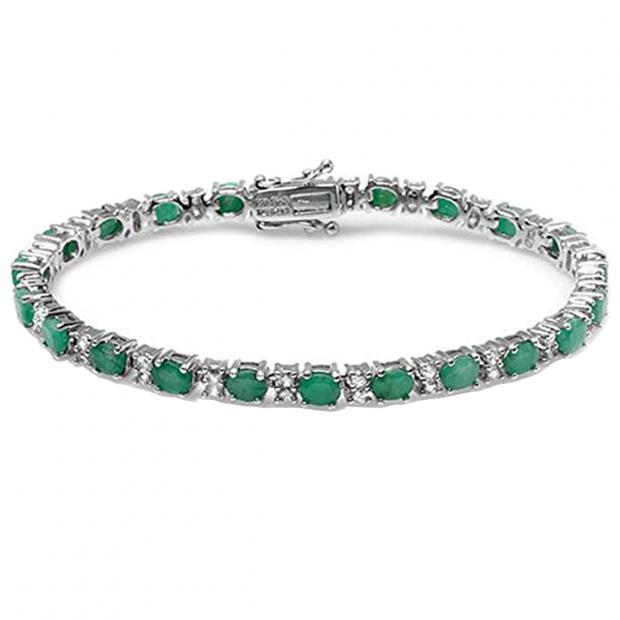 Oval Emerald & Round White Topaz Ladies Tennis Bracelet Sterling Silver