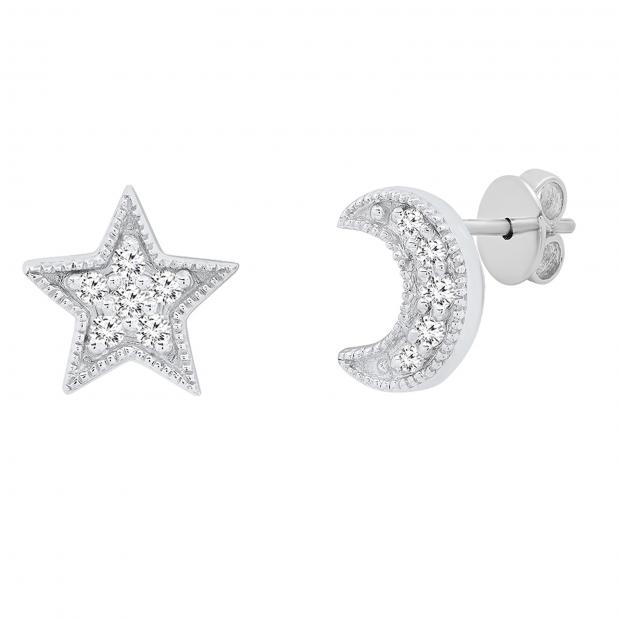 0.10 Carat (cttw) Round White Diamond Moon and Star Mismatch Stud Earrings 1/10 CT Sterling Silver