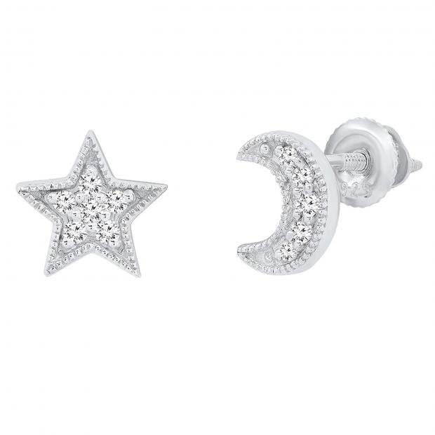 0.10 Carat (cttw) Round White Diamond Moon and Star Mismatch Stud Earrings 1/10 CT Sterling Silver