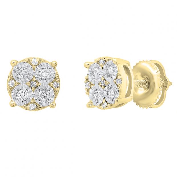 0.15 Carat (cttw) Round White Diamond Ladies Cluster Style Stud Earrings 18K Yellow Gold