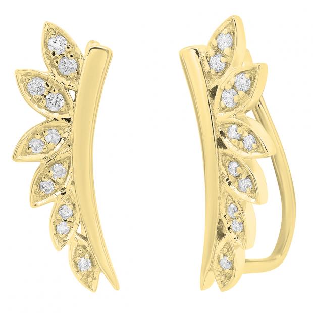 0.15 Carat (cttw) Round White Diamond Ladies Leaf Shaped Climber Earrings 14K Yellow Gold