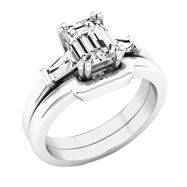 7X5.5 MM Emerald and Tapered White Cubic Zirconia CZ Ladies Bridal Engagement Ring Set Sterling Silver