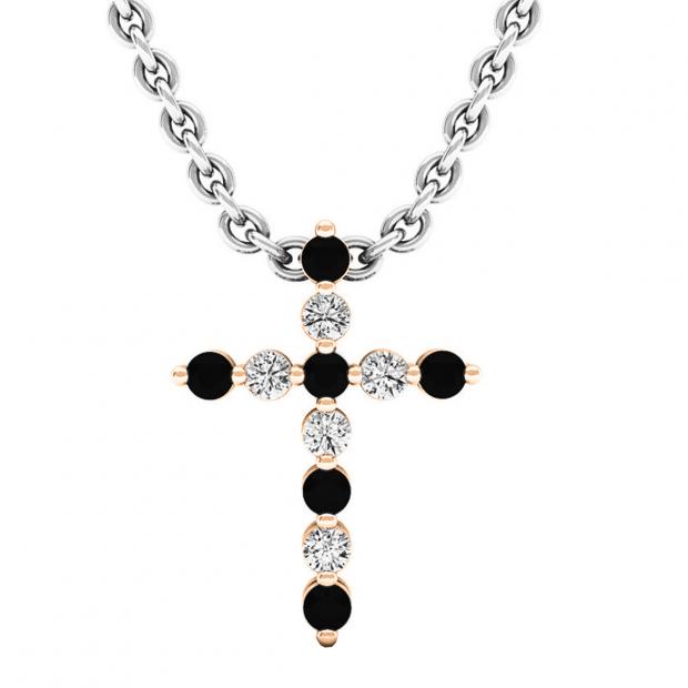 0.15 Carat (cttw) Round Black & White Diamond Ladies Cross Pendant 18K Rose Gold