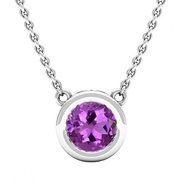 6.5 MM Round Amethyst Ladies Solitaire Pendant (Silver Chain Included) 10K White Gold