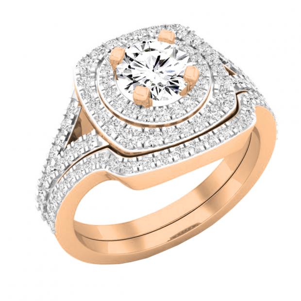 1.45 Carat (cttw) Round Diamond Ladies Double Halo Split Shank Engagement Ring 1 1/2 CT 14K Rose Gold