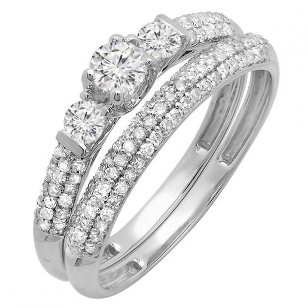 0.85 Carat (cttw) Round Diamond 3 Stone Ladies Bridal Engagement Ring Wedding Band Set 10K White Gold