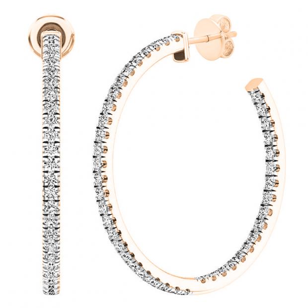 0.85 Carat (cttw) Round White Diamond Ladies In and Out Huggies Hoop Earrings 10K Rose Gold