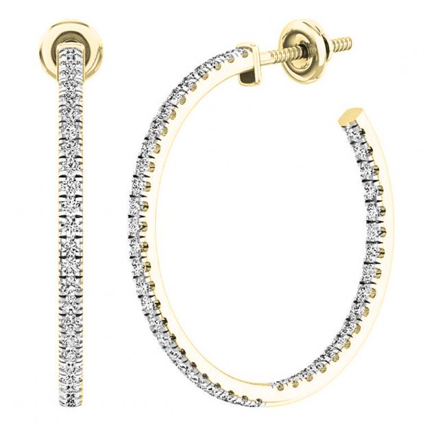 0.85 Carat (cttw) Round White Diamond Ladies In and Out Huggies Hoop Earrings 10K Yellow Gold