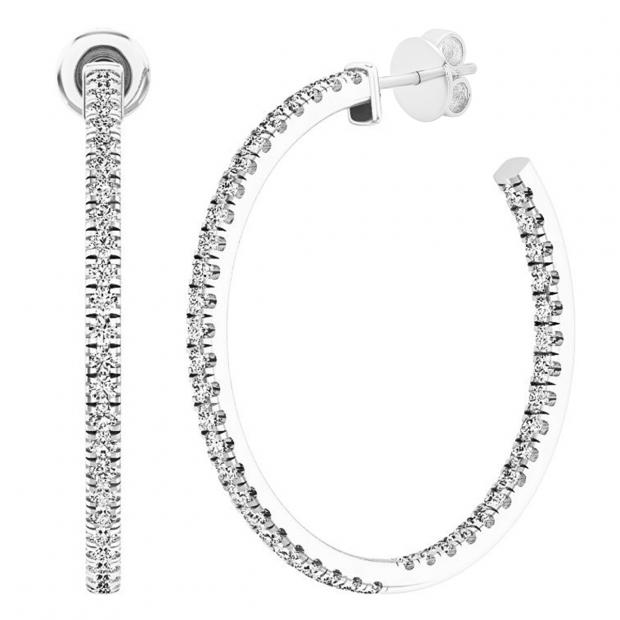 0.85 Carat (cttw) Round White Diamond Ladies In and Out Huggies Hoop Earrings 18K White Gold
