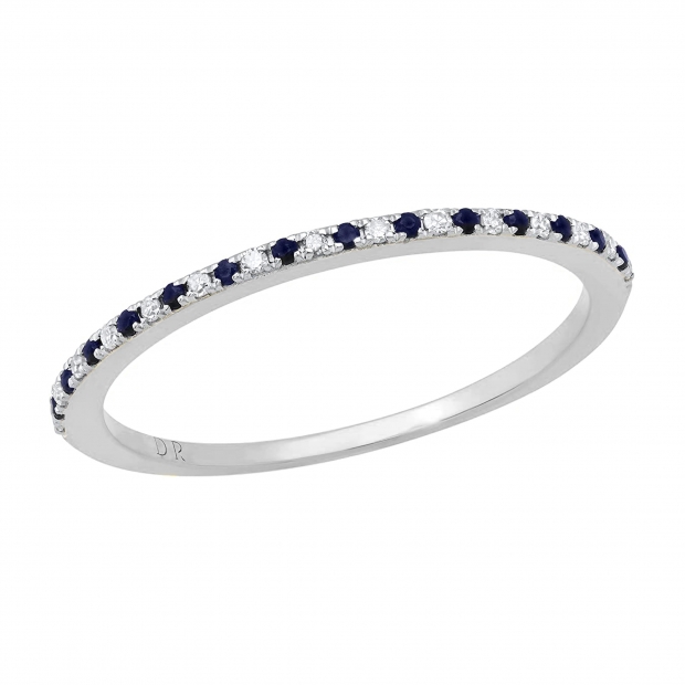 Round Blue Sapphire and White Diamond Ladies Anniversary Wedding Band Stackable Ring 10K White Gold