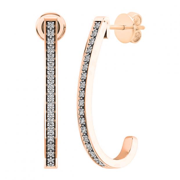 0.10 Carat (cttw) Round White Diamond Ladies J Shape Hoop Earrings 1/10 CT 18K Rose Gold