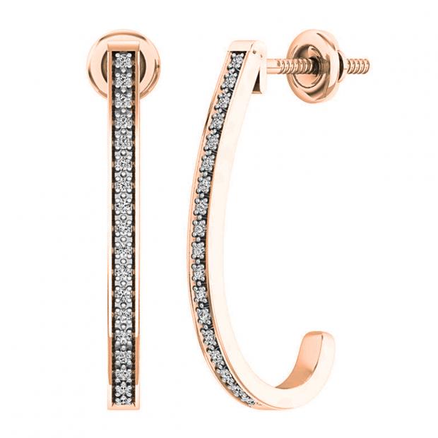 0.10 Carat (cttw) Round White Diamond Ladies J Shape Hoop Earrings 1/10 CT 18K Rose Gold