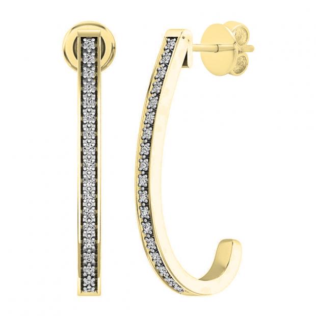 0.10 Carat (cttw) Round White Diamond Ladies J Shape Hoop Earrings 1/10 CT 18K Yellow Gold