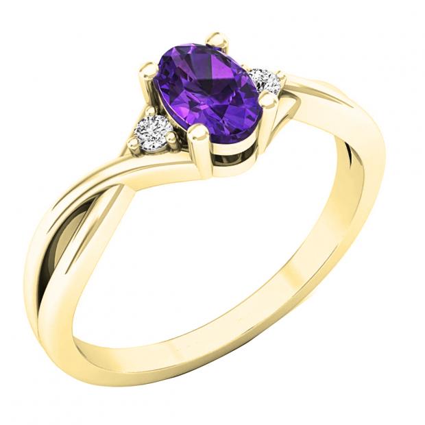 6X4 mm Oval Amethyst & Round White Diamond Ladies Bridal Engagement Ring 10K Yellow Gold