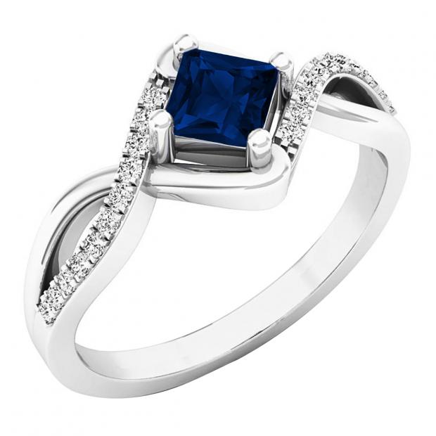 4 mm Princess Blue Sapphire & Round White Diamond Ladies Bypass Bridal Engagement Ring 18K White Gold