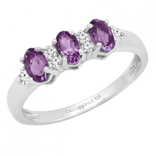 5X3 mm Oval Amethyst & Round White Diamond Ladies 3 Stone Engagement Ring Sterling Silver