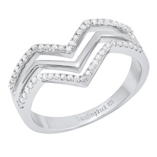 0.20 Carat (cttw) Round Diamond Bridal Triple Row Chevron Anniversary Band 1/5 CT Sterling Silver