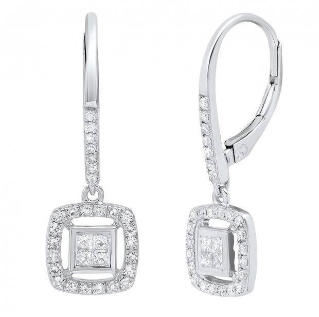 0.55 Carat (cttw) Princess & Round Diamond Ladies Invisible Dangling Earring 1/2 CT 18K White Gold