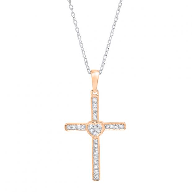 0.20 Carat (cttw) Round Diamond Heart Cross Pendant 1/5 CT (Silver Chain Included) 14K Rose Gold
