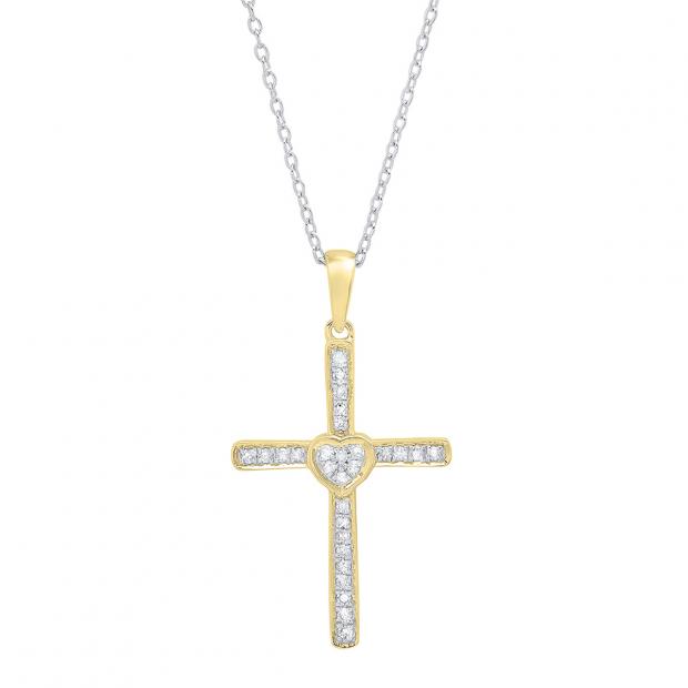 0.20 Carat (cttw) Round Diamond Heart Cross Pendant 1/5 CT (Silver Chain Included) 18K Yellow Gold